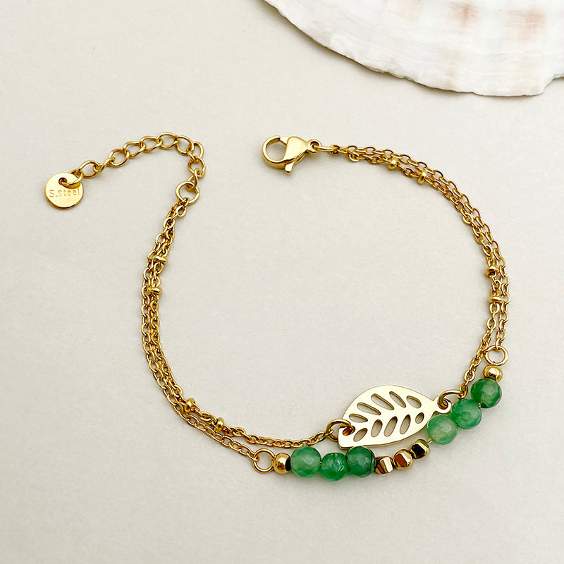 Elegant Sweet Simple Style Leaves Stainless Steel Artificial Crystal Beaded Layered Plating Gold Plated Bracelets