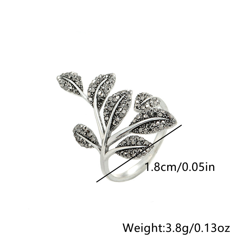 Antique Silver Elegant Leaf Inlay Zircon Open Rings