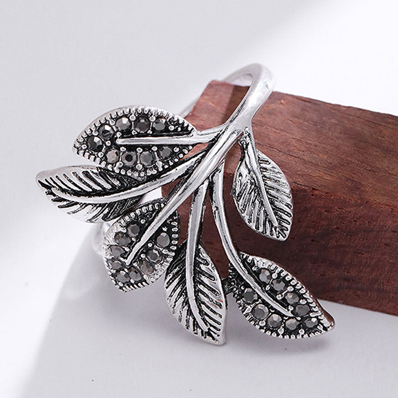 Antique Silver Elegant Leaf Inlay Zircon Open Rings