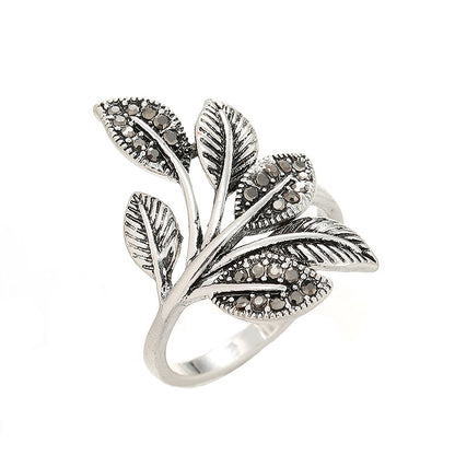 Antique Silver Elegant Leaf Inlay Zircon Open Rings