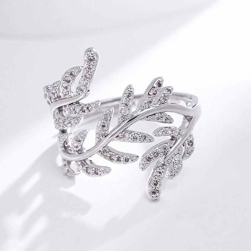 Antique Silver Elegant Leaf Inlay Zircon Open Rings