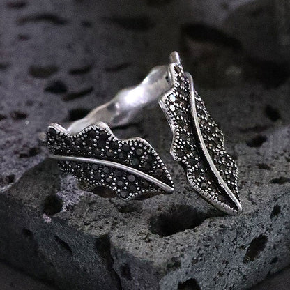 Antique Silver Elegant Leaf Inlay Zircon Open Rings