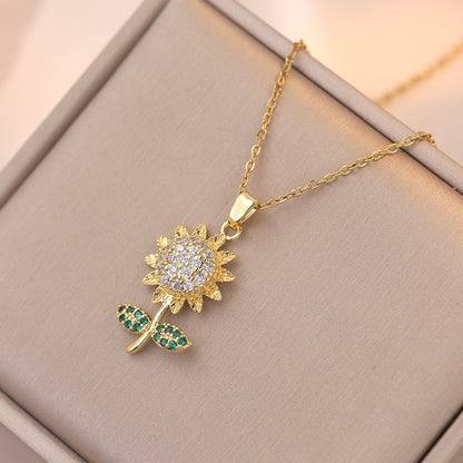 Elegant Streetwear Sunflower Titanium Steel Inlay Zircon Pendant Necklace