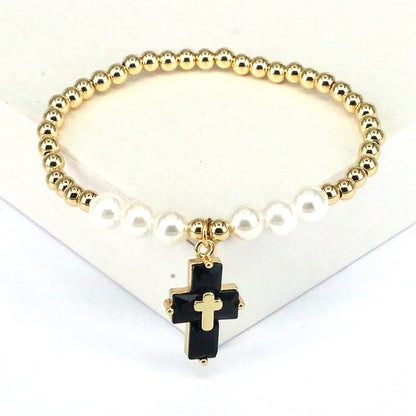 Basic Cross Copper Plating Inlay Pearl Zircon Bracelets