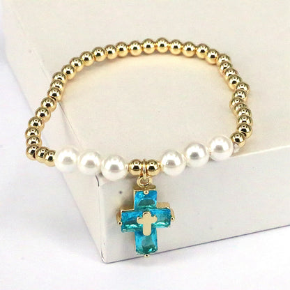 Basic Cross Copper Plating Inlay Pearl Zircon Bracelets