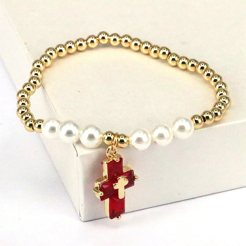 Basic Cross Copper Plating Inlay Pearl Zircon Bracelets