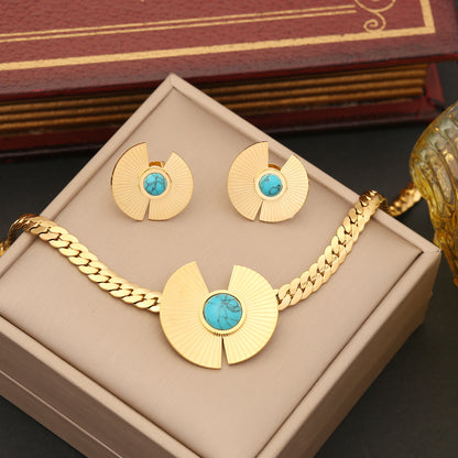 Exaggerated Commute Sector Stainless Steel Inlay Turquoise Rings Earrings Necklace