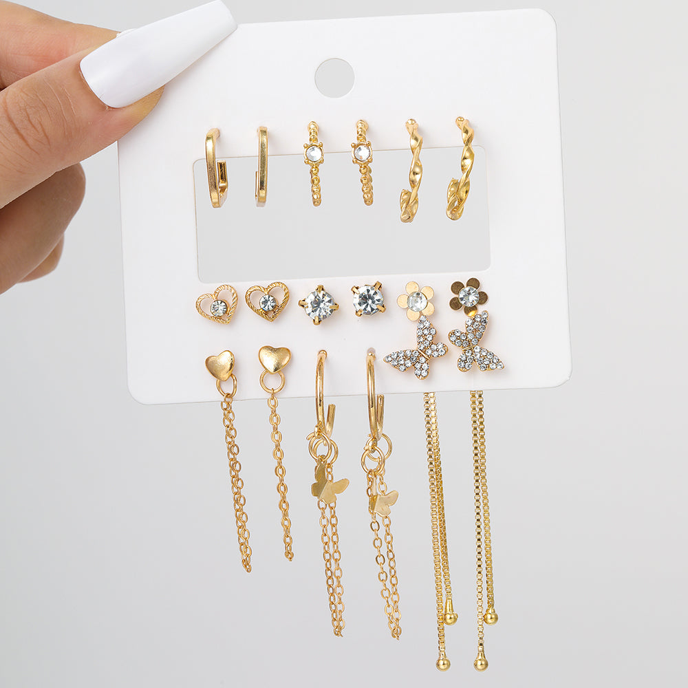 9 Pairs Elegant Shiny Tassel Heart Shape Butterfly Plating Inlay Imitation Pearl Alloy Artificial Gemstones Artificial Pearls Rhinestones Gold Plated Silver Plated Earrings