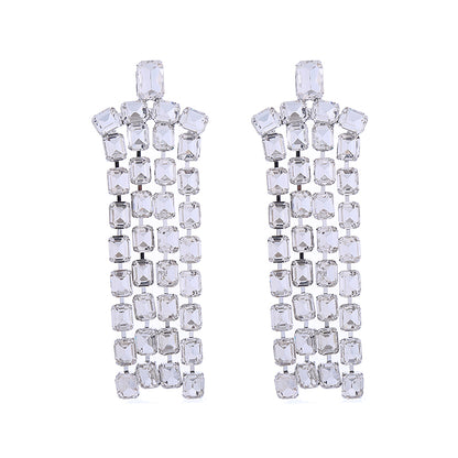 1 Pair Shiny Tassel Inlay Alloy Rhinestones Drop Earrings