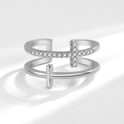 Elegant Cross Sterling Silver Plating Inlay Zircon Open Rings