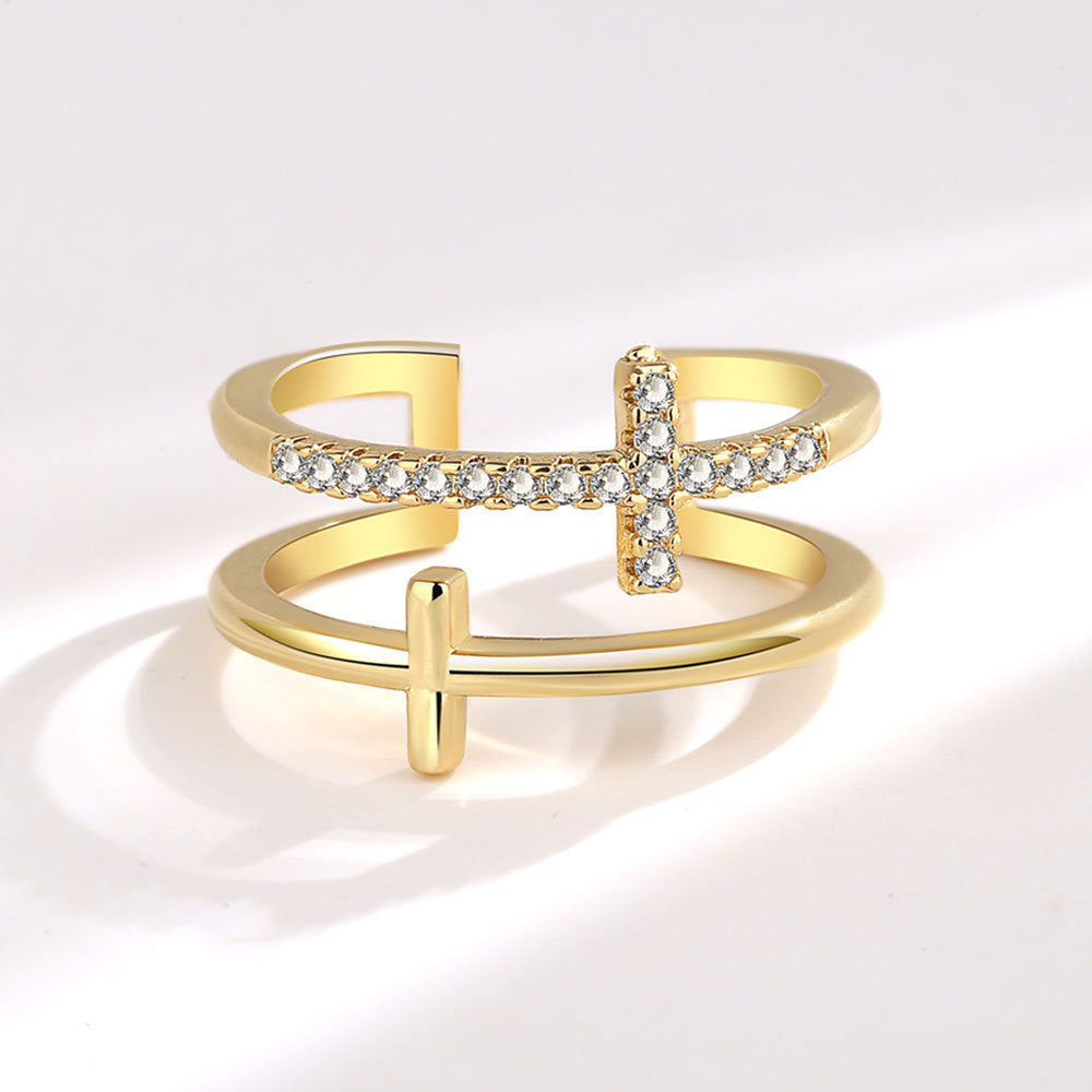 Elegant Cross Sterling Silver Plating Inlay Zircon Open Rings