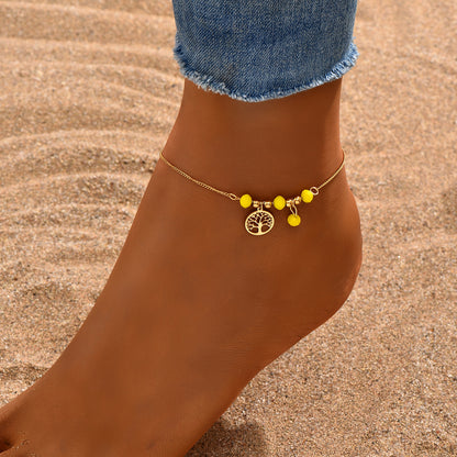 Vacation Bohemian Beach Tree 201 Stainless Steel Plastic Beaded Plating 18K Gold Plated Women'S Anklet