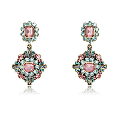 1 Pair Retro Square Inlay Alloy Crystal Drop Earrings