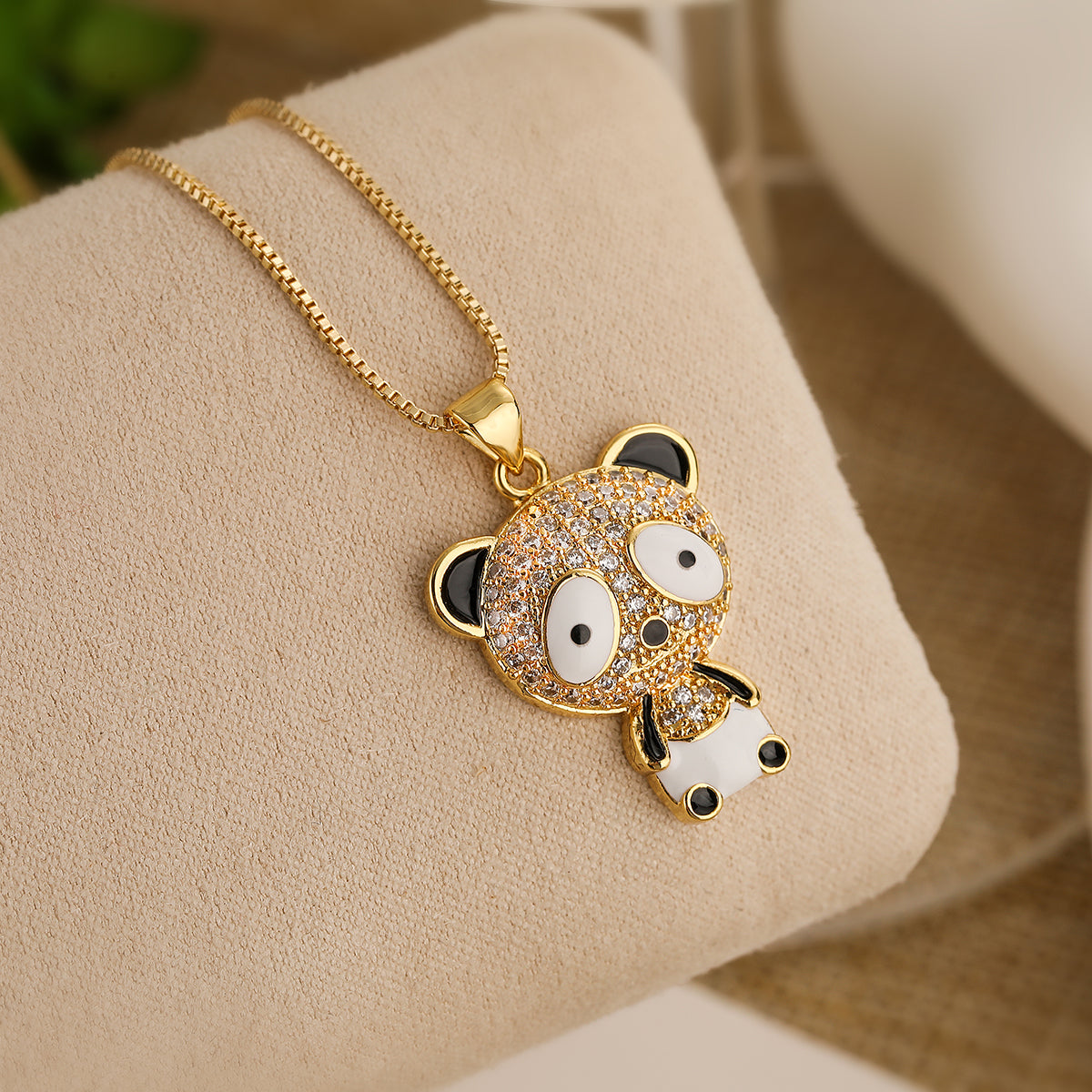 Cute Simple Style Commute Panda Copper 18k Gold Plated Artificial Pearls Zircon Pendant Necklace In Bulk