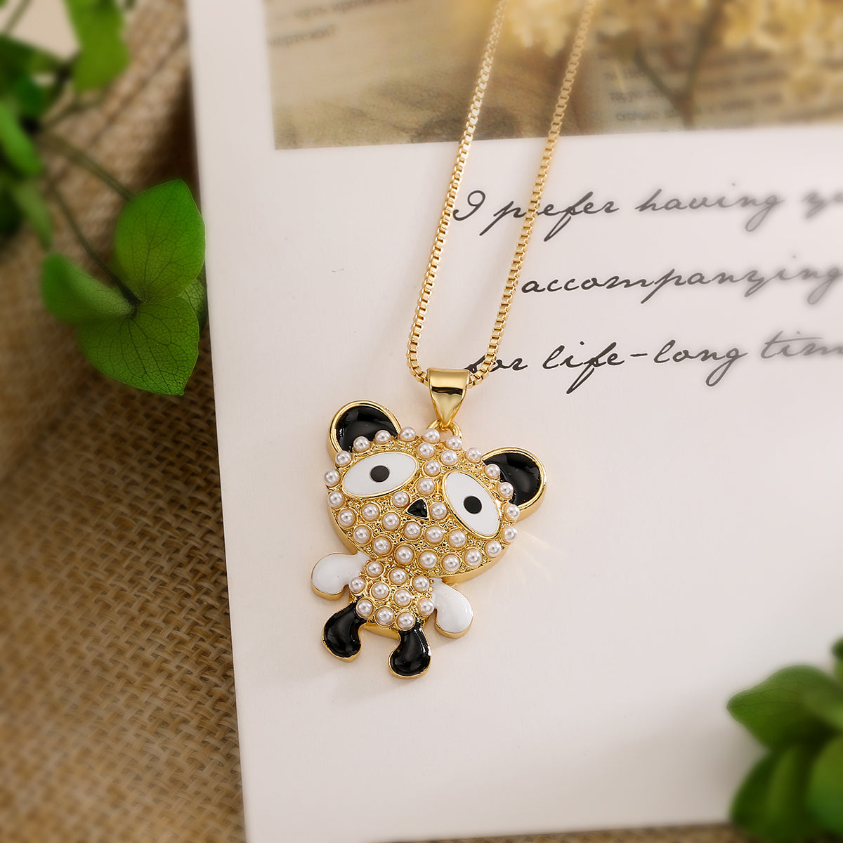 Cute Simple Style Commute Panda Copper 18k Gold Plated Artificial Pearls Zircon Pendant Necklace In Bulk