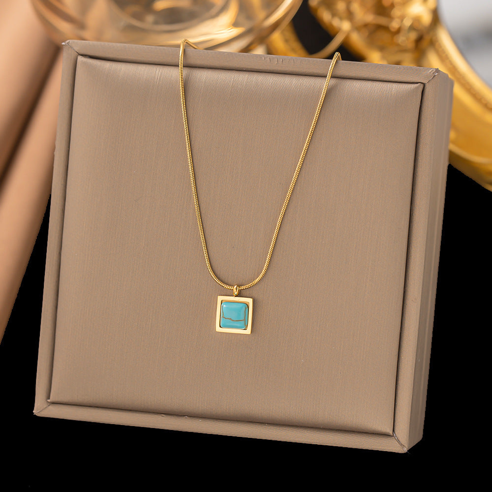 Simple Style Square Titanium Steel Inlay Turquoise Bracelets Necklace