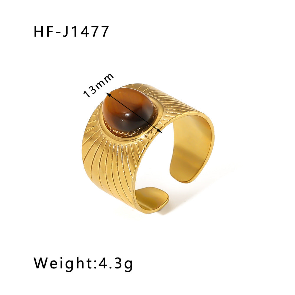 Streetwear Round Oval Stainless Steel Inlay Natural Stone Open Rings