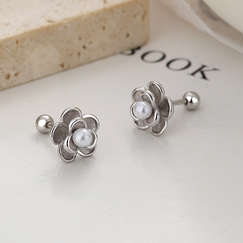 1 Pair Lady Flower Plating Inlay Sterling Silver Artificial Pearls Ear Studs