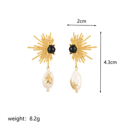 1 Pair Streetwear Fireworks Irregular Plating Inlay Copper Natural Stone Freshwater Pearl 18k Gold Plated Drop Earrings