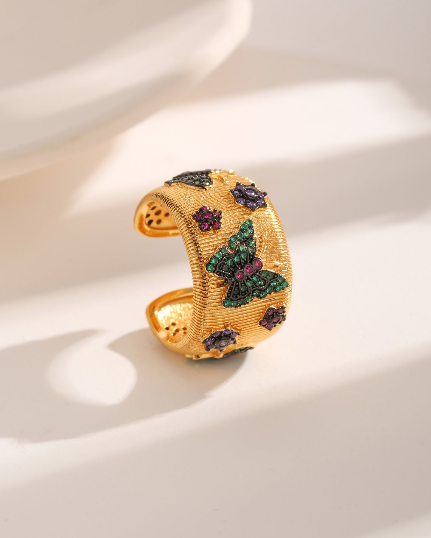 Vintage Style French Style Flower Butterfly Copper Plating Inlay Zircon 18k Gold Plated Open Rings