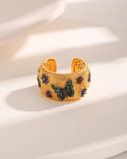 Vintage Style French Style Flower Butterfly Copper Plating Inlay Zircon 18k Gold Plated Open Rings