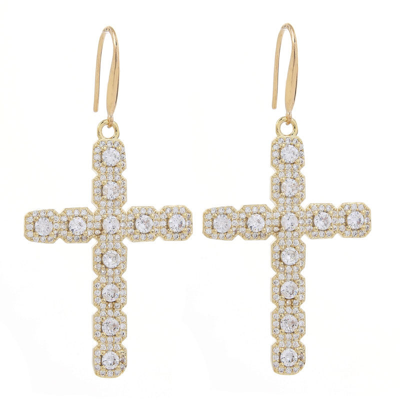 1 Pair Retro Cross Inlay Copper Zircon Drop Earrings