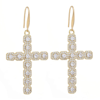 1 Pair Retro Cross Inlay Copper Zircon Drop Earrings