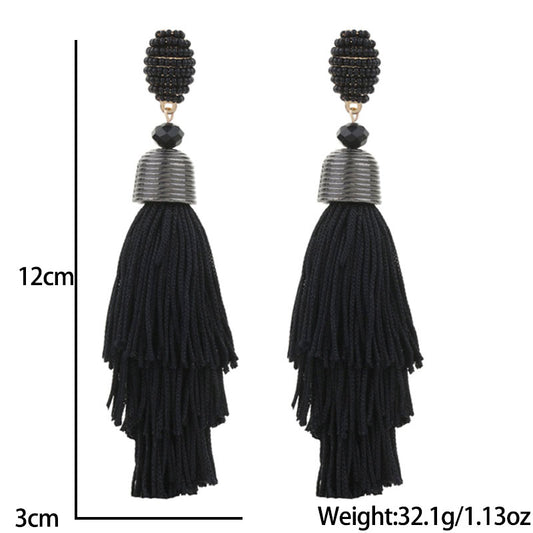 1 Pair Exaggerated Bohemian Tassel Beaded Cloth Drop Earrings