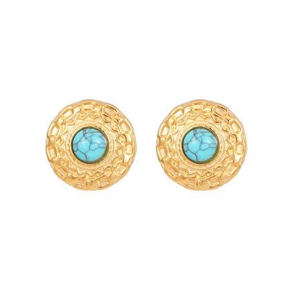 1 Pair Vintage Style Round Polishing Plating Inlay Stainless Steel Malachite Opal Lapis Lazuli Gold Plated Ear Studs