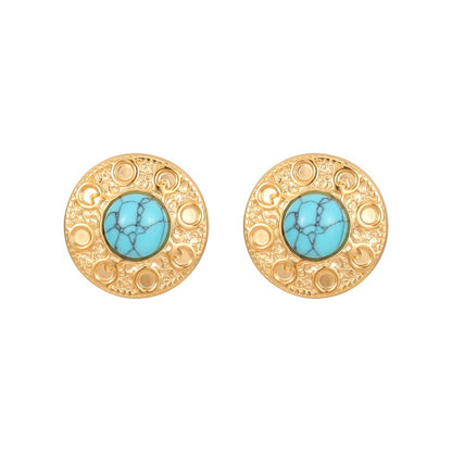 1 Pair Vintage Style Round Polishing Plating Inlay Stainless Steel Malachite Opal Lapis Lazuli Gold Plated Ear Studs