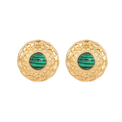 1 Pair Vintage Style Round Polishing Plating Inlay Stainless Steel Malachite Opal Lapis Lazuli Gold Plated Ear Studs