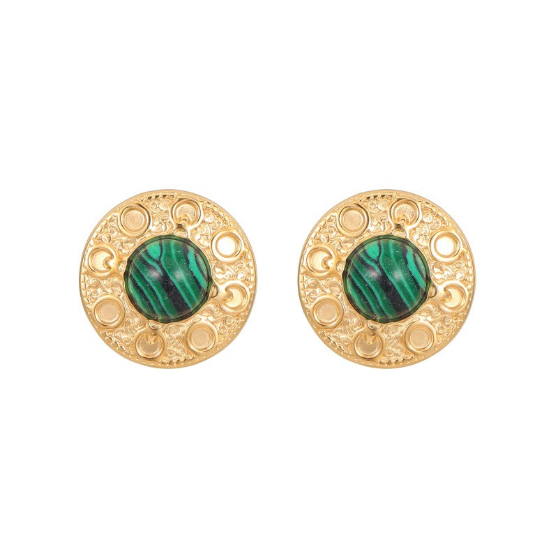 1 Pair Vintage Style Round Polishing Plating Inlay Stainless Steel Malachite Opal Lapis Lazuli Gold Plated Ear Studs