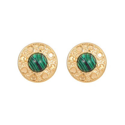 1 Pair Vintage Style Round Polishing Plating Inlay Stainless Steel Malachite Opal Lapis Lazuli Gold Plated Ear Studs