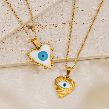 Streetwear Devil's Eye Heart Shape Stainless Steel Enamel Plating 18k Gold Plated Necklace