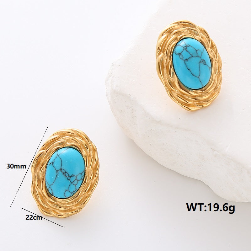 1 Pair Commute Solid Color Plating Inlay Stainless Steel Turquoise 24k Gold Plated Earrings Ear Studs