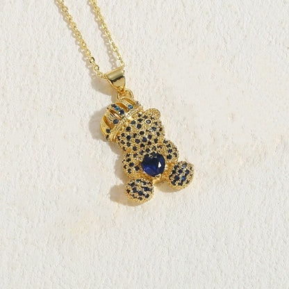 Elegant Luxurious Classic Style Animal Bear Copper 14k Gold Plated Zircon Pendant Necklace In Bulk