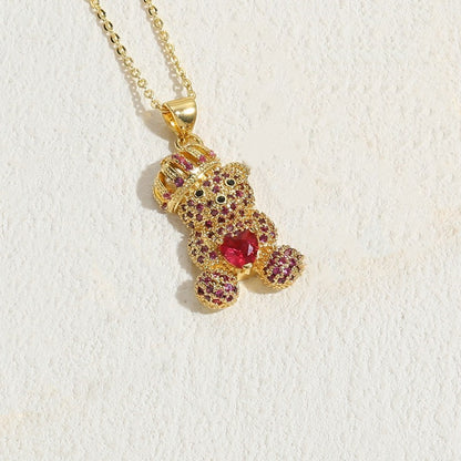 Elegant Luxurious Classic Style Animal Bear Copper 14k Gold Plated Zircon Pendant Necklace In Bulk