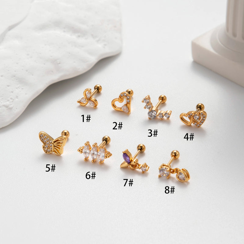 1 Piece Korean Style Heart Shape Butterfly Plating Inlay Stainless Steel Zircon 18k Gold Plated Ear Studs