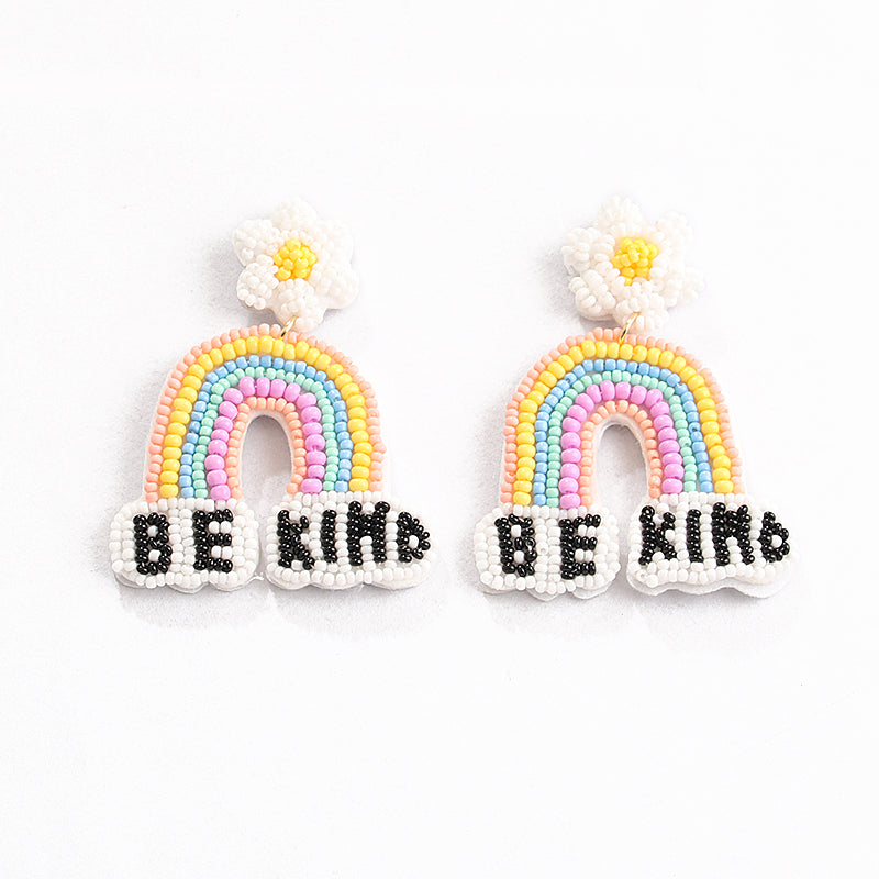 1 Pair Casual Sweet Artistic Letter Rainbow Flower Cloth Seed Bead Drop Earrings