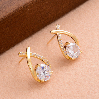 1 Pair Ig Style Simple Style Cross Shape Round Plating Inlay Copper Zircon 14k Gold Plated Ear Studs