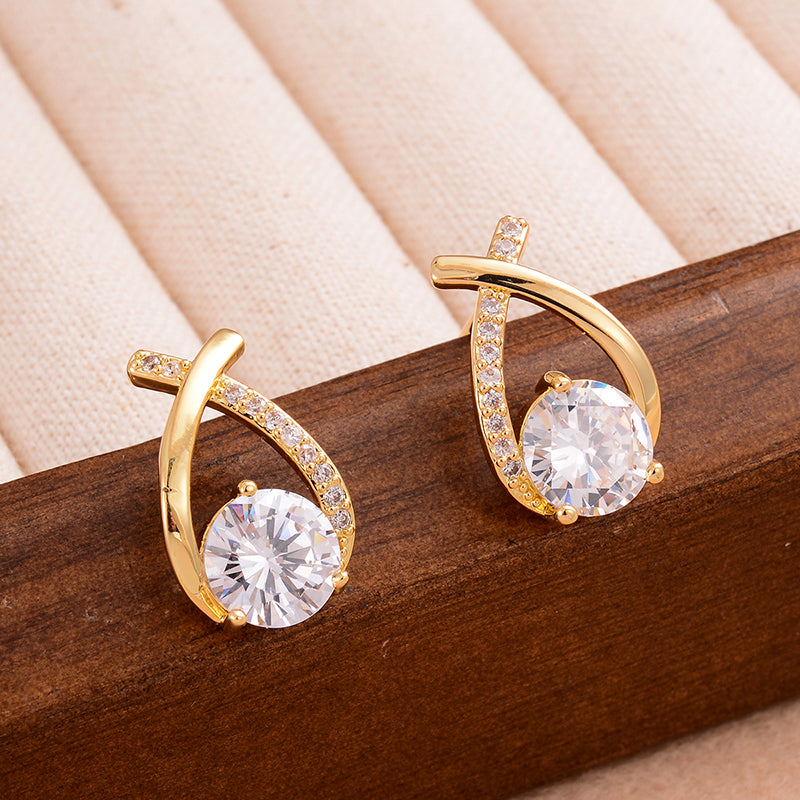 1 Pair Ig Style Simple Style Cross Shape Round Plating Inlay Copper Zircon 14k Gold Plated Ear Studs