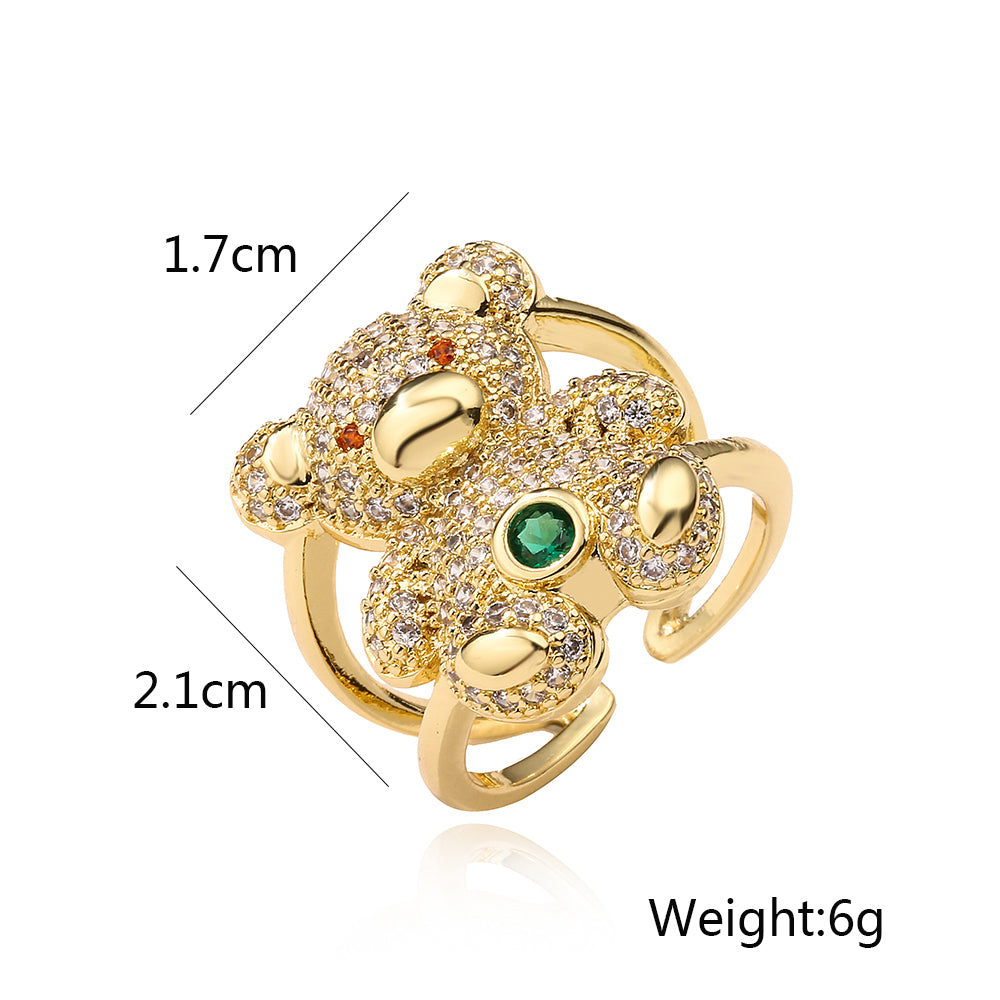 Cute Simple Style Little Bear Copper Plating Inlay Zircon 18k Gold Plated Open Rings