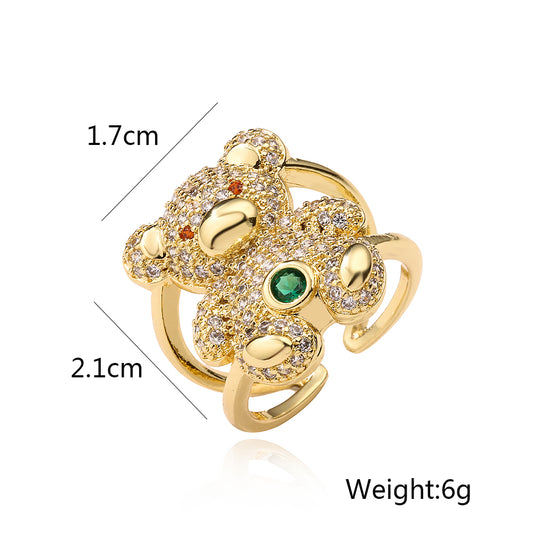 Cute Simple Style Little Bear Copper Plating Inlay Zircon 18k Gold Plated Open Rings