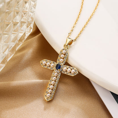 Simple Style Commute Cross Copper 18k Gold Plated Artificial Pearls Zircon Pendant Necklace In Bulk