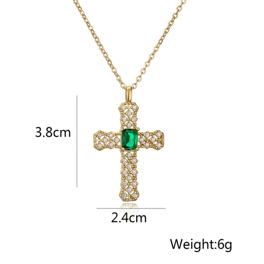 Simple Style Commute Cross Copper 18k Gold Plated Artificial Pearls Zircon Pendant Necklace In Bulk