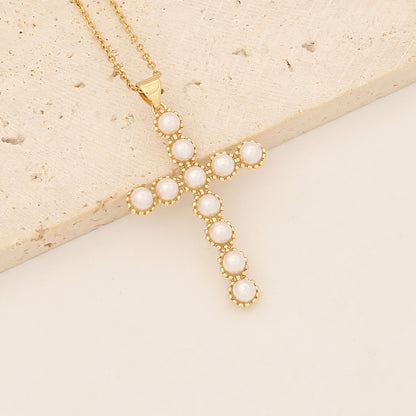 Vintage Style Cross Oval Stainless Steel Copper Artificial Pearls Zircon Pendant Necklace In Bulk