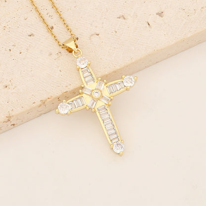 Vintage Style Cross Oval Stainless Steel Copper Artificial Pearls Zircon Pendant Necklace In Bulk