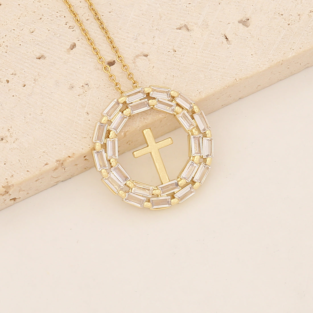 Vintage Style Cross Oval Stainless Steel Copper Artificial Pearls Zircon Pendant Necklace In Bulk