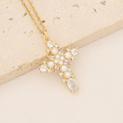 Vintage Style Cross Oval Stainless Steel Copper Artificial Pearls Zircon Pendant Necklace In Bulk