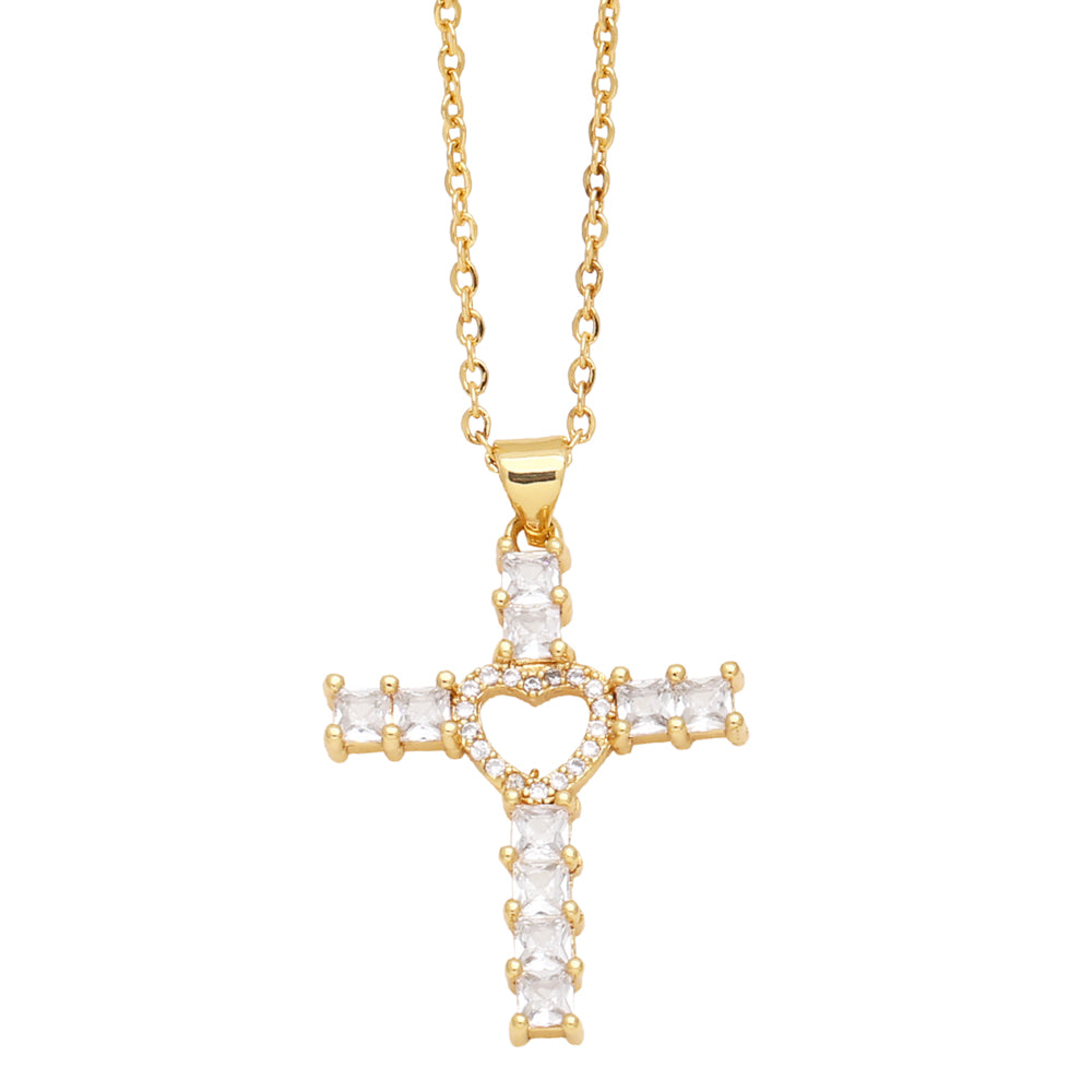 Elegant Streetwear Cross Heart Shape Copper 18k Gold Plated Zircon Pendant Necklace In Bulk